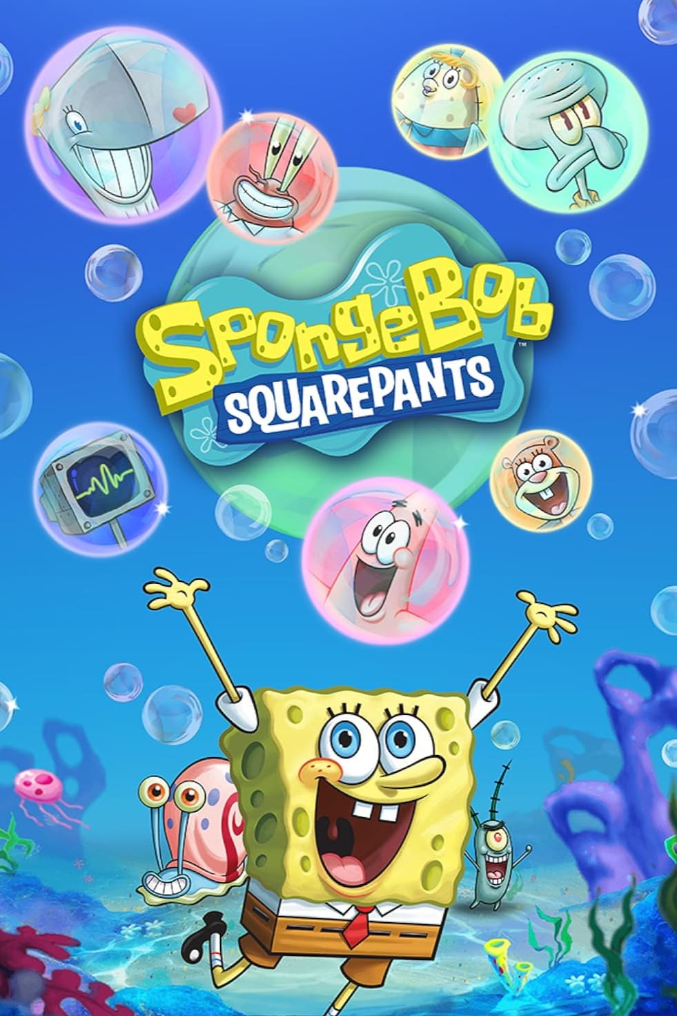 SpongeBob SquarePants smiles with arms raised underwater, surrounded by bubbles featuring Patrick, Mr. Krabs, Squidward, Sandy Cheeks, Pearl, and Gary—stream it all with Bulgaria IPTV beneath the show’s colorful logo in the center.