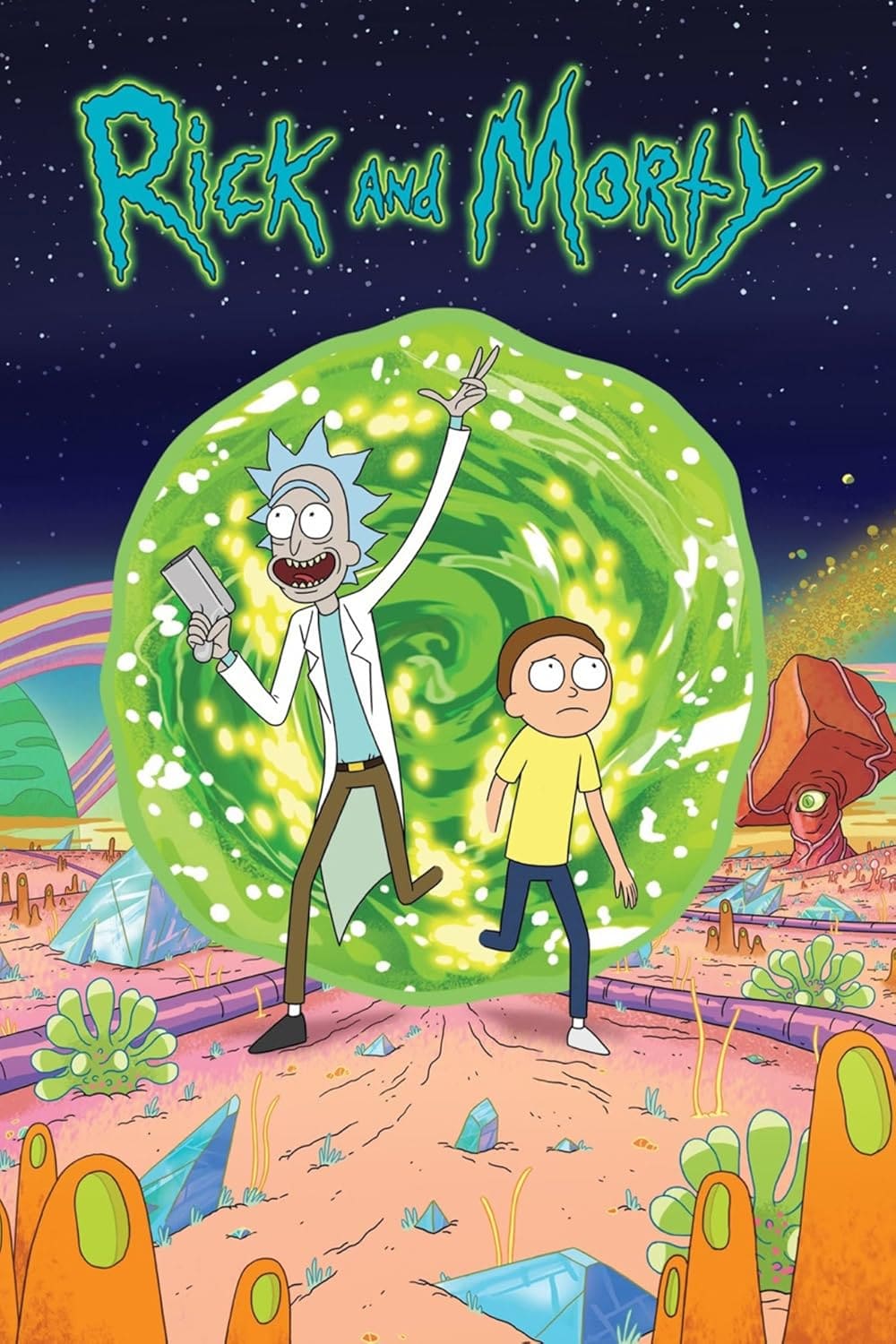 Animated image of an older man with spiky blue hair and a younger boy stepping out of a glowing green portal onto a colorful alien planet, with “Rick and Morty” in bright green letters—perfect for Bulgaria IPTV fans.