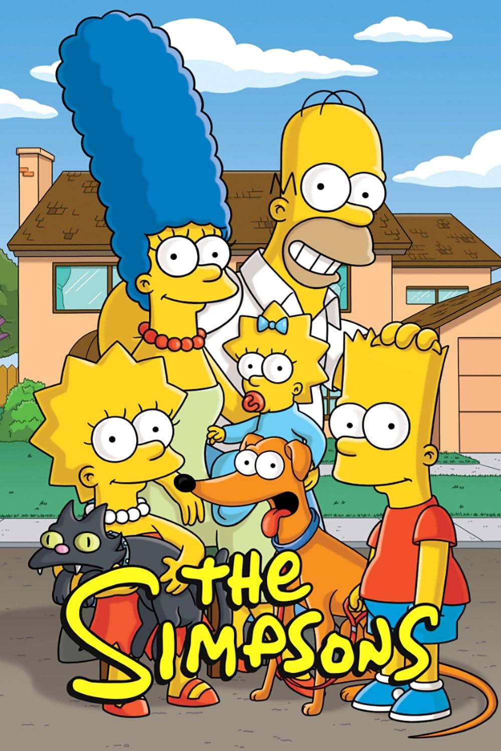 The animated Simpson family—Marge, Homer, Lisa, Maggie, and Bart—stand together smiling in front of their house as seen on Bulgaria IPTV. Lisa holds a black cat, Bart stands with an orange dog, and The Simpsons logo appears at the bottom.