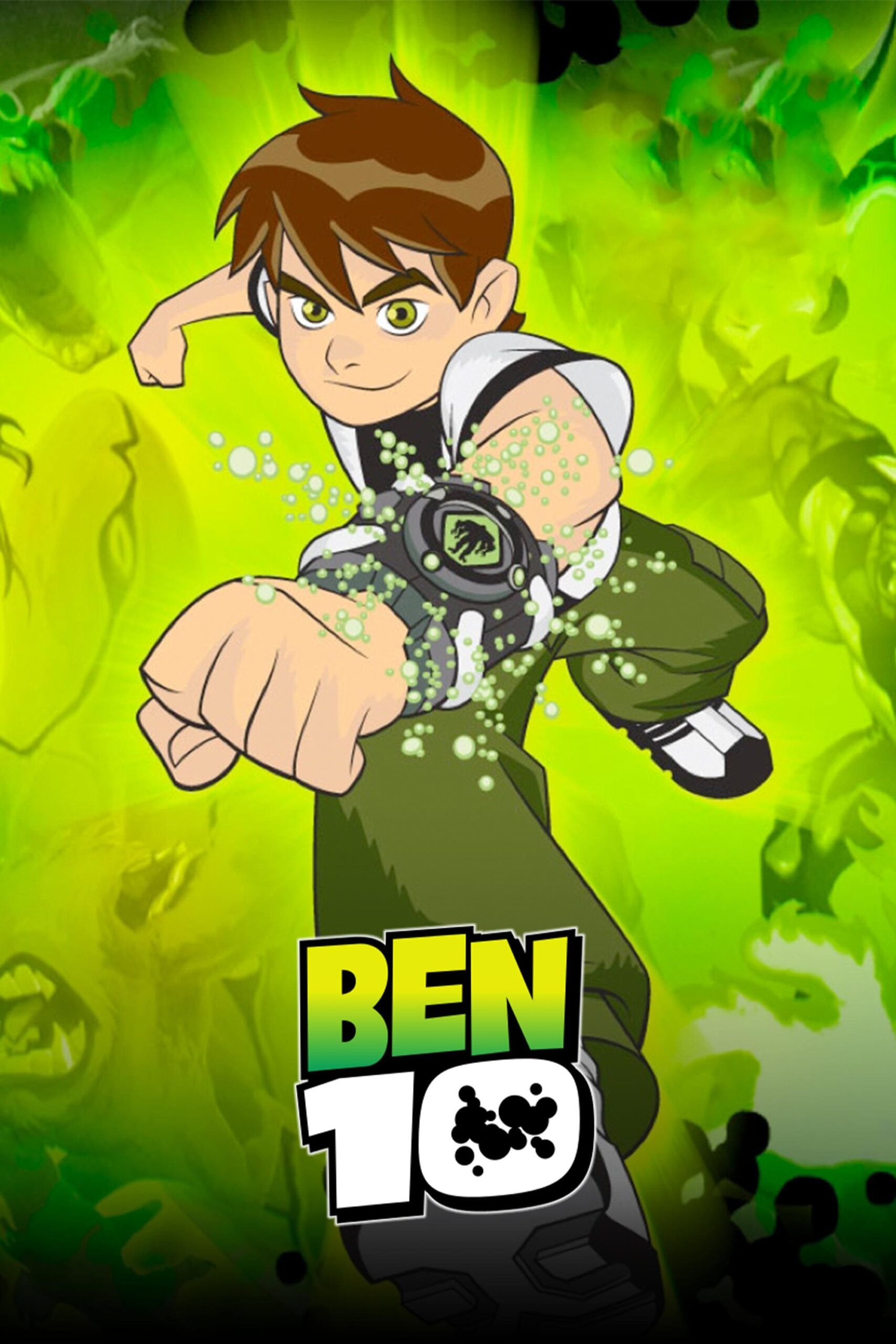 A cartoon boy with brown hair, wearing a white shirt and green pants, punches forward with a glowing, high-tech watch on his wrist. The background is green with alien shapes, the Ben 10 logo at the bottom, and Bulgaria IPTV streaming in.