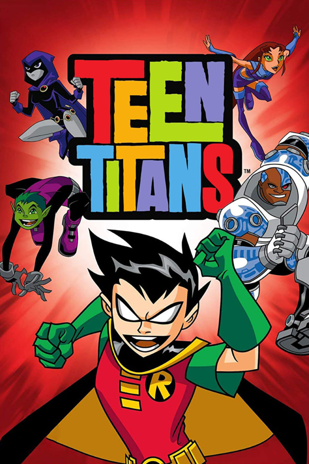 Five animated superheroes, including Robin, Starfire, Cyborg, Beast Boy, and Raven, pose dynamically in front of a red background with the colorful Teen Titans logo in the center—stream on Bulgaria IPTV for non-stop action.