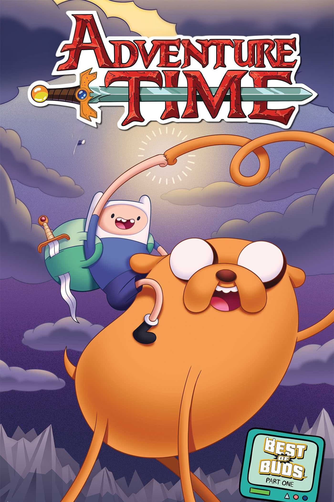 Finn the Human rides on Jake the Dog, stretching his arms, with mountains and a cloudy sky in the background. The Adventure Time logo and a Best Buds Part One badge top and bottom frame this fun Bulgaria IPTV image.