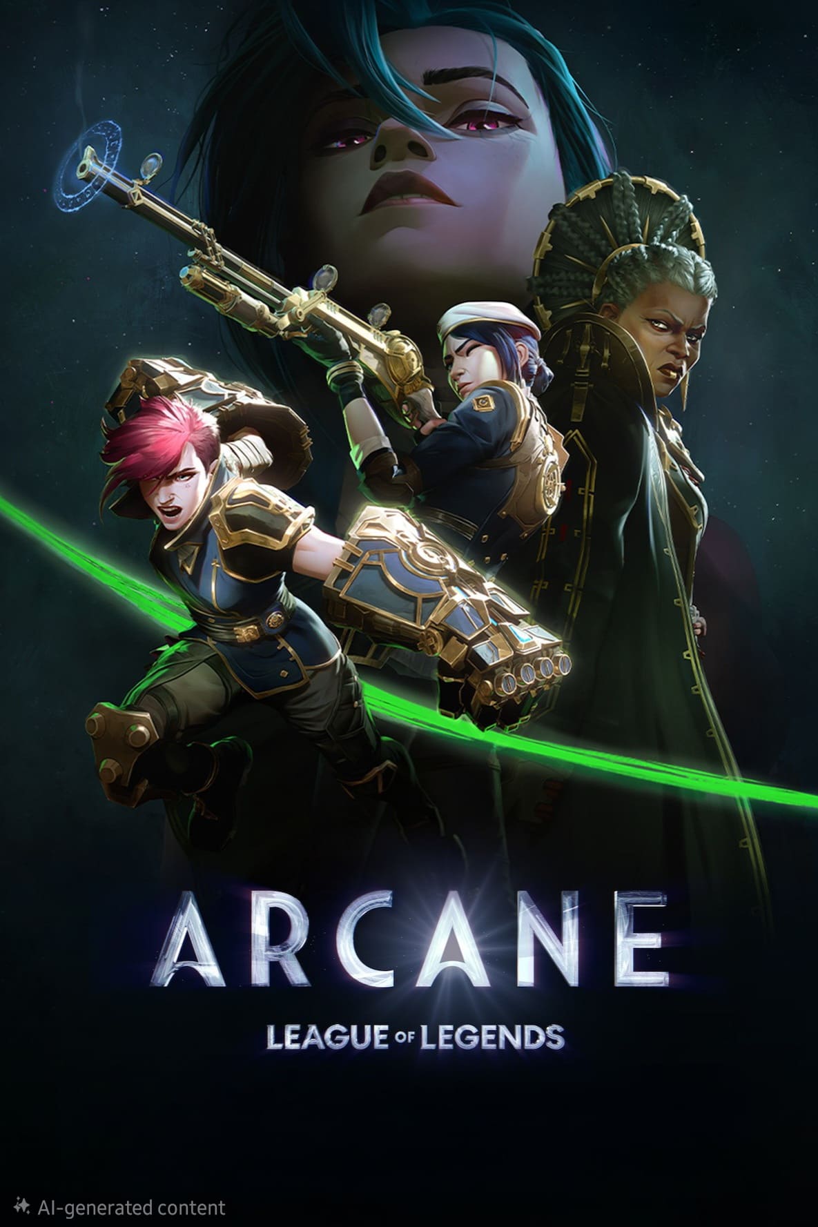 Three stylized animated characters stand ready for battle, with one aiming a rifle, another holding weapons, and a third in regal attire. A large face looms above them. Text reads Arcane League of Legends, streaming now on Bulgaria IPTV.