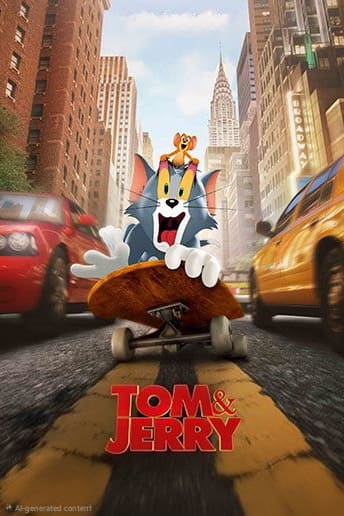 Tom chases Jerry on a skateboard down a city street lined with cars and tall buildings, just like wild antics you’d catch on Bulgaria IPTV. The Tom & Jerry logo appears at the bottom. Jerry is riding on Tom’s head.