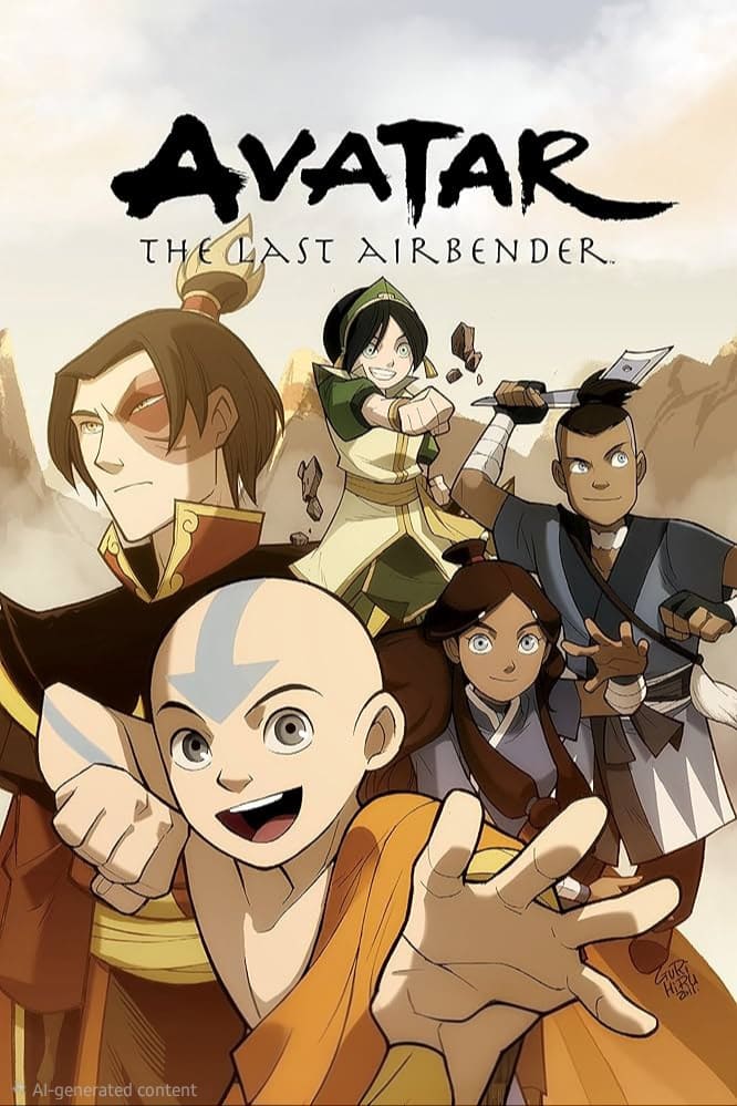Five cartoon characters from Avatar: The Last Airbender pose heroically, with Aang in front and Bulgaria IPTV-inspired backgrounds of mountains enhancing their dynamic expressions. Katara and Sokka stand right, Zuko left, and Toph in the back.