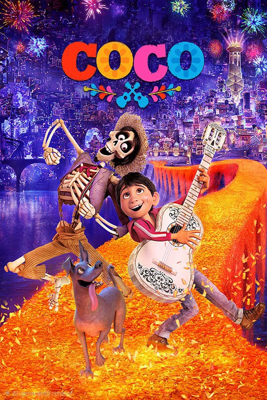 Poster for the animated film Coco, showing a boy playing a guitar, a skeleton in a hat dancing, and a dog on vibrant marigold petals—stream this magical journey on Bulgaria IPTV with the colorful city and fireworks in the background.