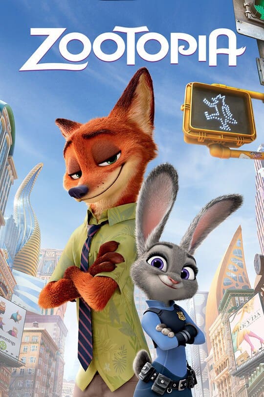 Poster for the animated film Zootopia, featuring a confident fox in a green shirt and tie standing beside a smiling rabbit in a police uniform, with a cityscape and crosswalk signal—now streaming via Bulgaria IPTV.