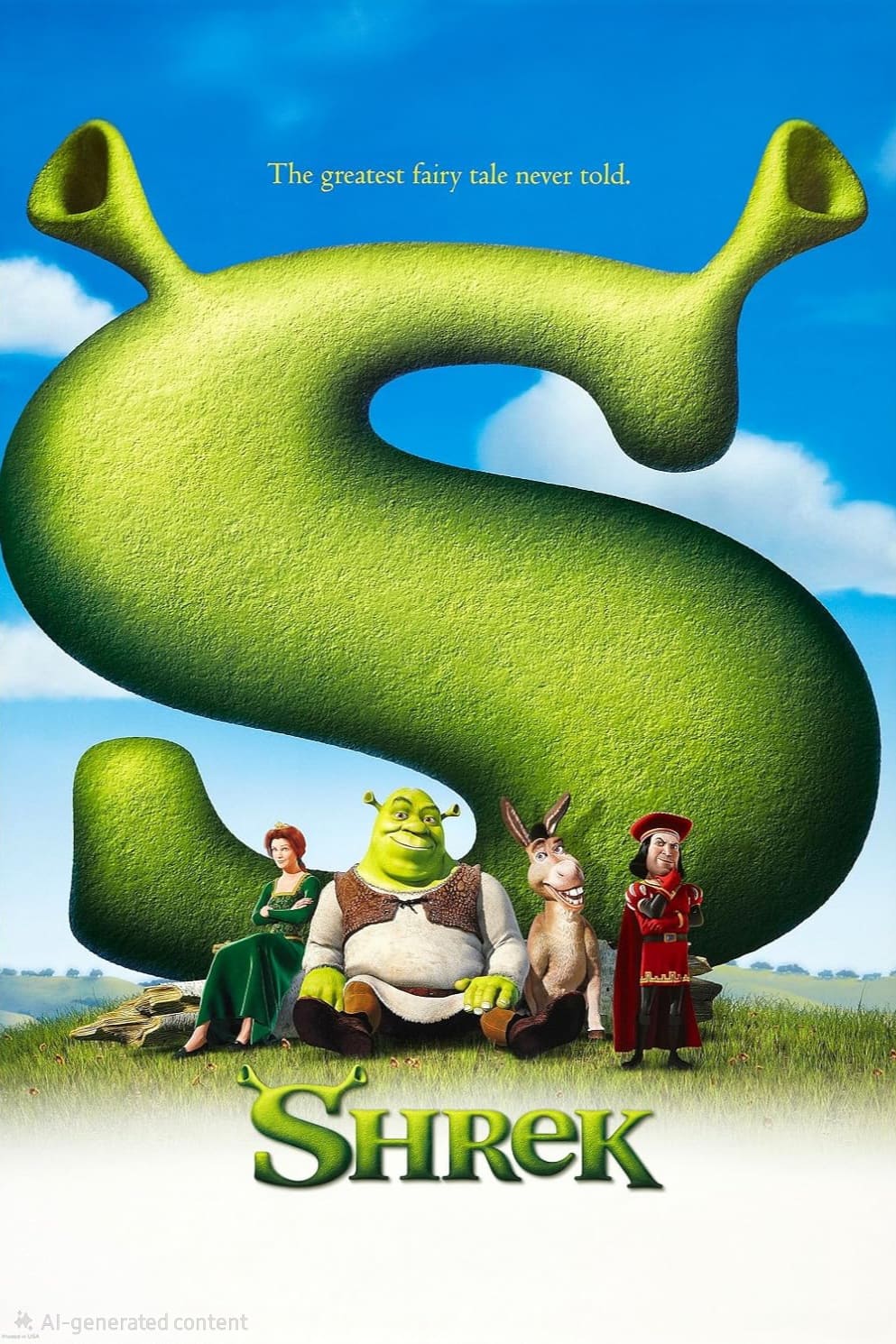 Movie poster for Shrek showing a large green S shaped like ogre ears. Below, characters Princess Fiona, Shrek, Donkey, and Lord Farquaad sit or stand on grass. Stream the greatest fairy tale never told on Bulgaria IPTV.