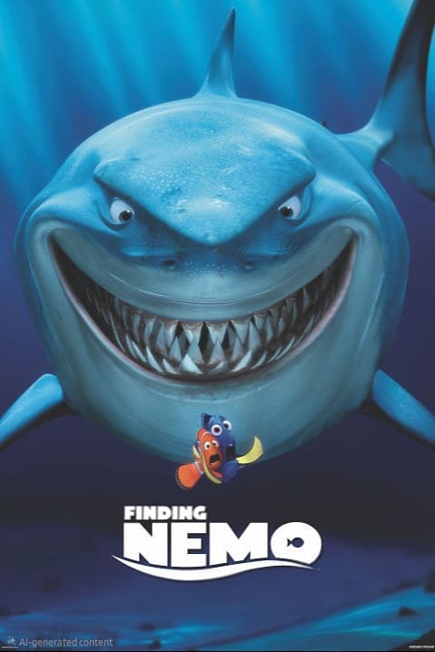 A large, smiling shark looms behind two animated fish, one orange and one blue, with the Finding Nemo movie title below them. Blue water and bubbles form the background—perfect for streaming on Bulgaria IPTV.
