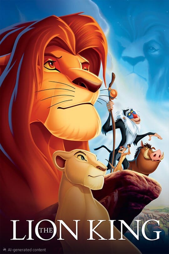 Animated poster for The Lion King featuring a large, majestic lion at the center, with a mandrill, lioness, warthog, and meerkat on a rock. Streaming in Bulgaria IPTV, the sky shows a faint lion’s face watching over the scene.
