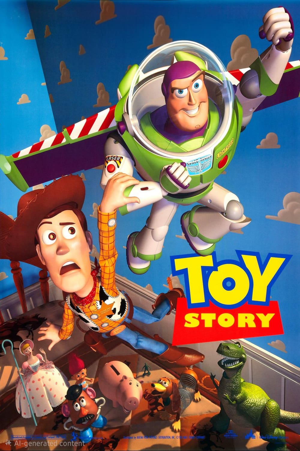 Woody and Buzz Lightyear, animated toy characters, appear in mid-action with other toys below them. Buzz flies above as Woody reaches for him. The Toy Story movie title is displayed in bold letters, available to stream on Bulgaria IPTV.