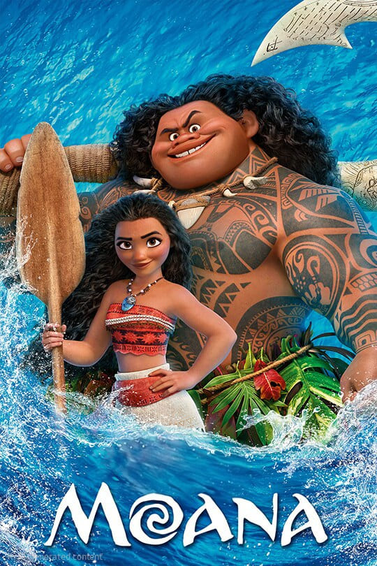 Moana and Maui stand together in ocean waves; Moana holds an oar and Maui, with long curly hair and tribal tattoos, smiles behind her. The word Moana is written at the bottom, perfect for fans watching on Bulgaria IPTV.