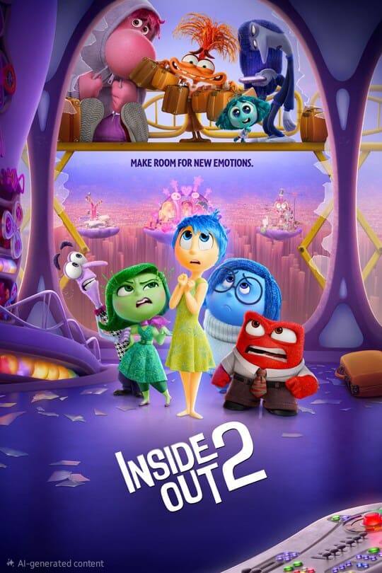 Poster for “Inside Out 2” featuring animated characters Joy, Sadness, Anger, Disgust, and Fear in the foreground, with new emotions peeking from above. Stream it on Bulgaria IPTV. The tagline reads: “Make room for new emotions.”.