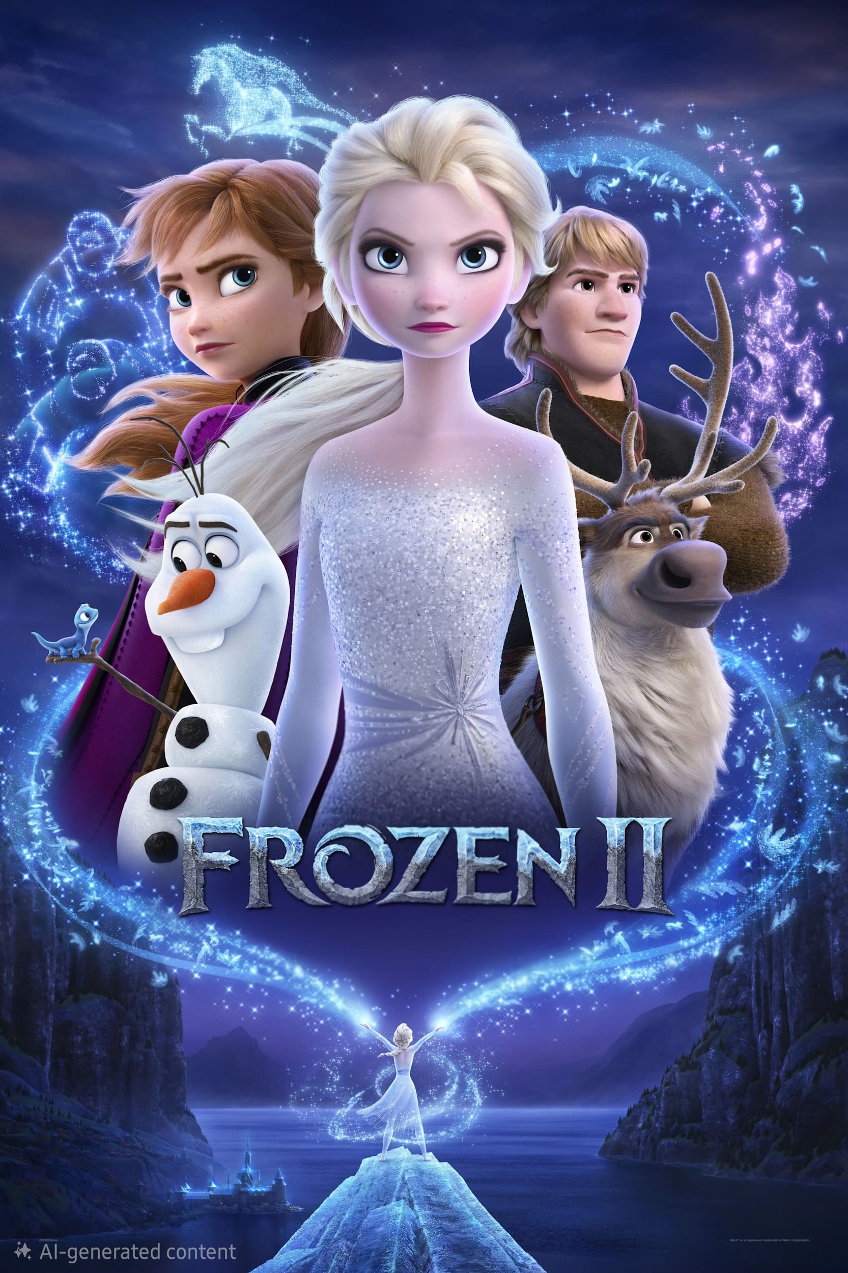 Movie poster for Frozen II featuring Elsa in the center, with Anna, Kristoff, Sven the reindeer, and Olaf the snowman. Magical blue swirls and symbols surround them as Elsa stands on ice—perfect to stream on Bulgaria IPTV.