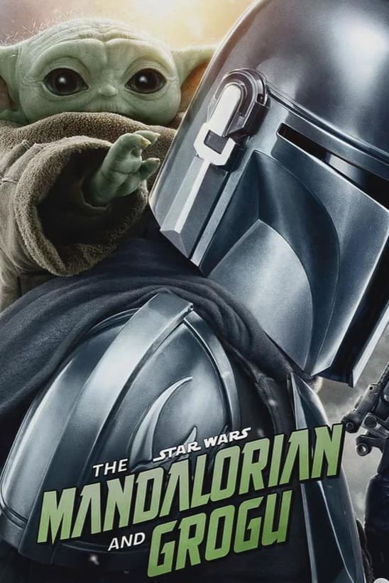 Poster for The Mandalorian and Grogu showing the Mandalorian in silver armor and helmet in the foreground, with Grogu (Baby Yoda) peeking over his shoulder. Now streaming on Bulgaria IPTV. The title is in bold green letters.