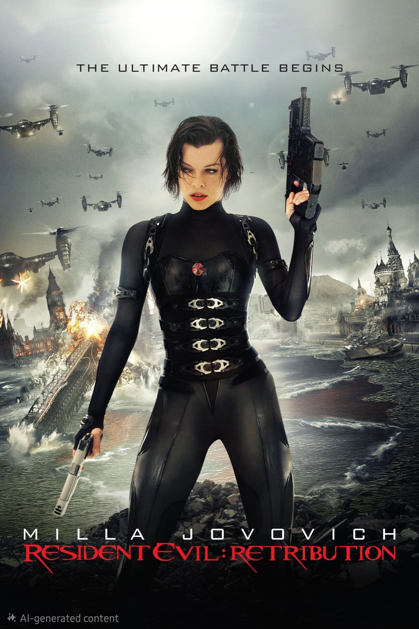 A woman in black combat gear stands with guns in both hands amid a ruined city, explosions, and flying aircrafts. Streaming now on Bulgaria IPTV. Text reads, The Ultimate Battle Begins and Resident Evil: Retribution.