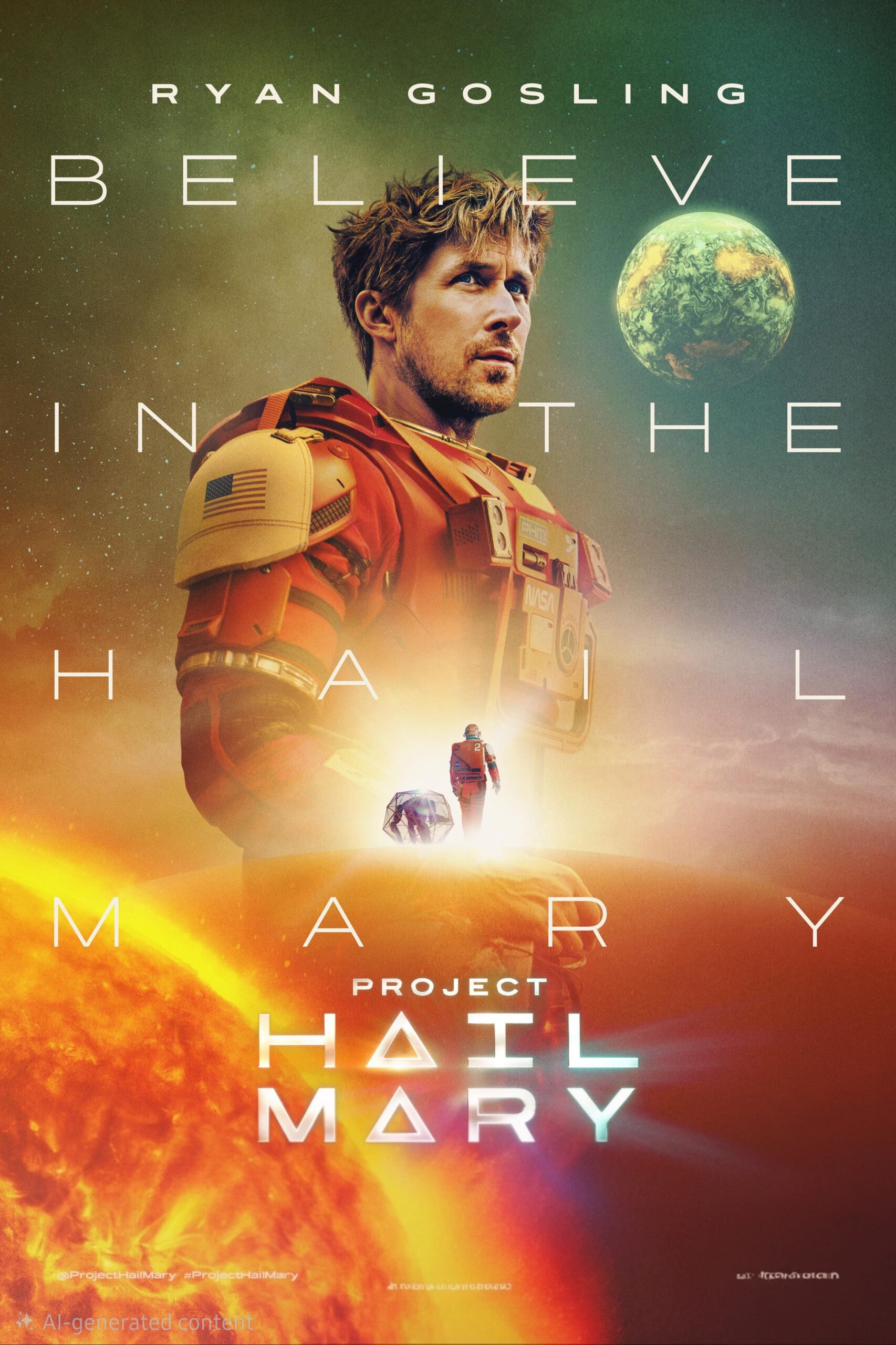 A movie poster for Project Hail Mary featuring Ryan Gosling in a spacesuit, with Earth, a spaceship, and a subtle Bulgaria IPTV logo in the background. The text reads: Believe in the Hail Mary. Project Hail Mary.
