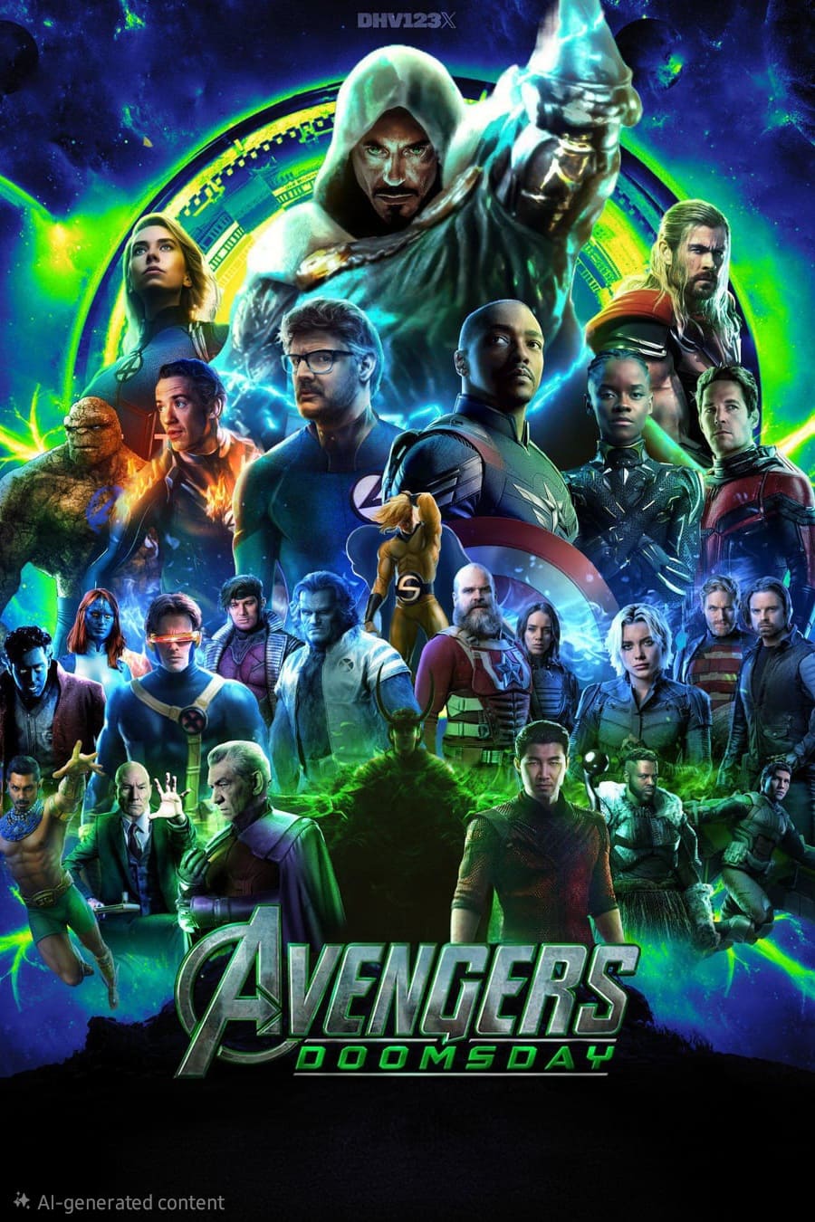 A vibrant poster for “Avengers: Doomsday” featuring numerous Marvel superheroes and villains, all in colorful costumes, assembled under a hooded figure with glowing green effects and cosmic backgrounds—perfect for Bulgaria IPTV viewers.