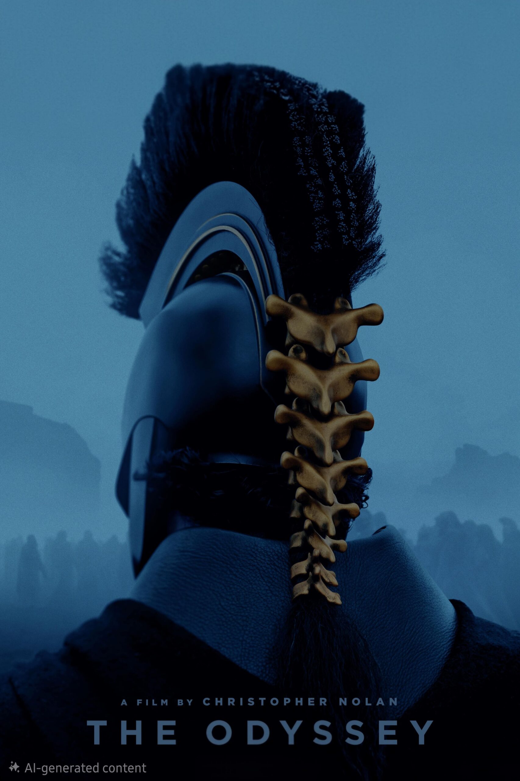 A person in ancient Greek-style armor faces away, wearing a helmet with a tall crest and a spine-like structure down the back. Misty figures stand in the blue-gray background. Text at the bottom reads: “The Odyssey.” Bulgaria IPTV overlayed subtly.