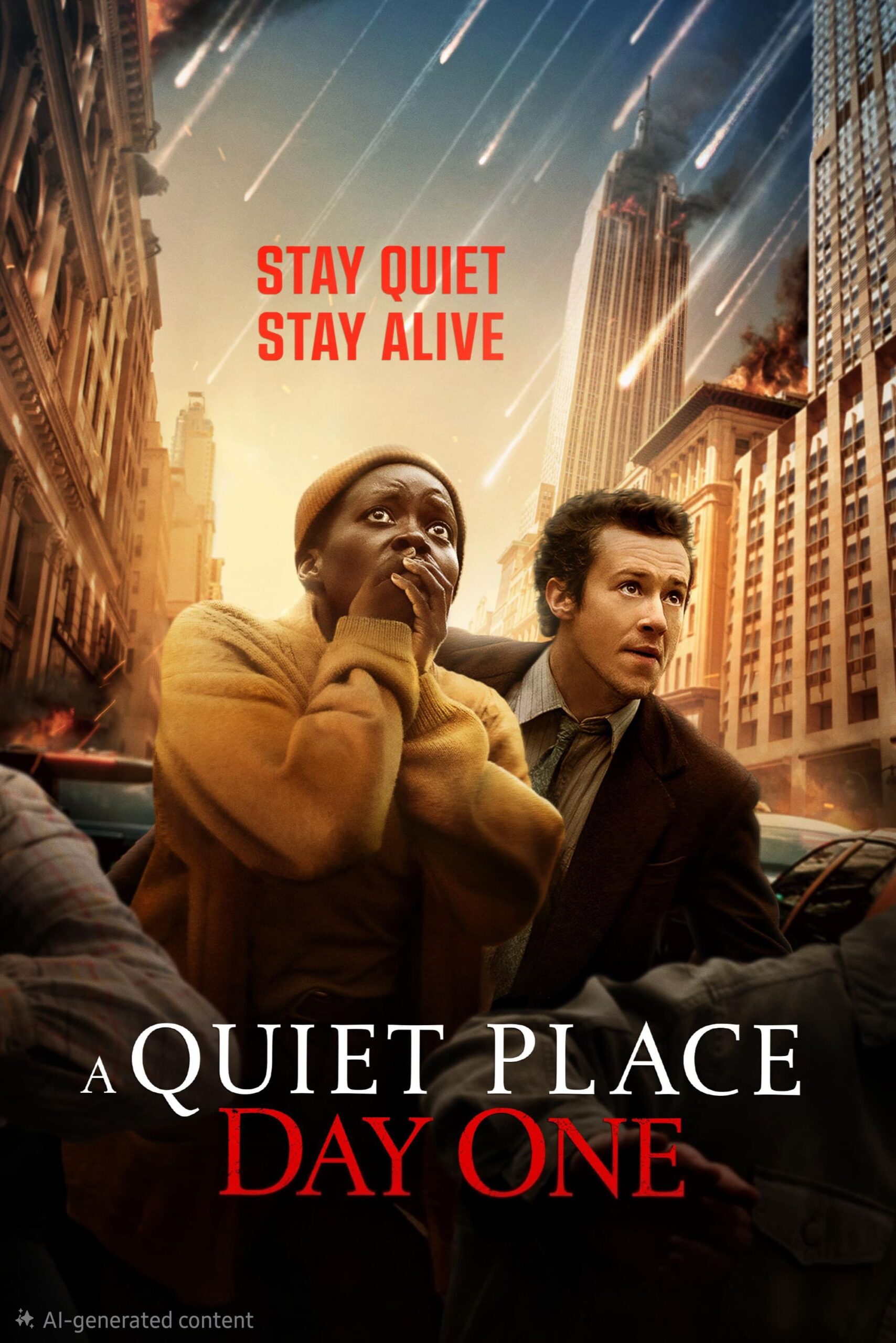 Two people run through a city as meteors rain down, causing chaos. Text reads STAY QUIET STAY ALIVE and A QUIET PLACE DAY ONE. The scene is tense—burning buildings, panicked faces—all streaming live on Bulgaria IPTV.