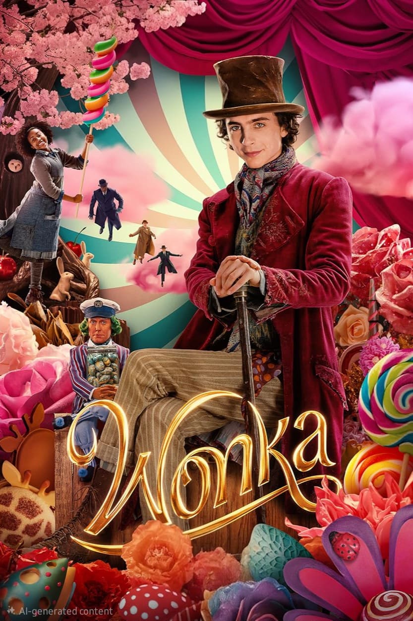 A man in a purple top hat and coat, holding a cane, stands in a colorful, whimsical candyland with sweets, oversized lollipops, and swirling patterns—like something from Bulgaria IPTV. The word Wonka is written in gold letters at the bottom.