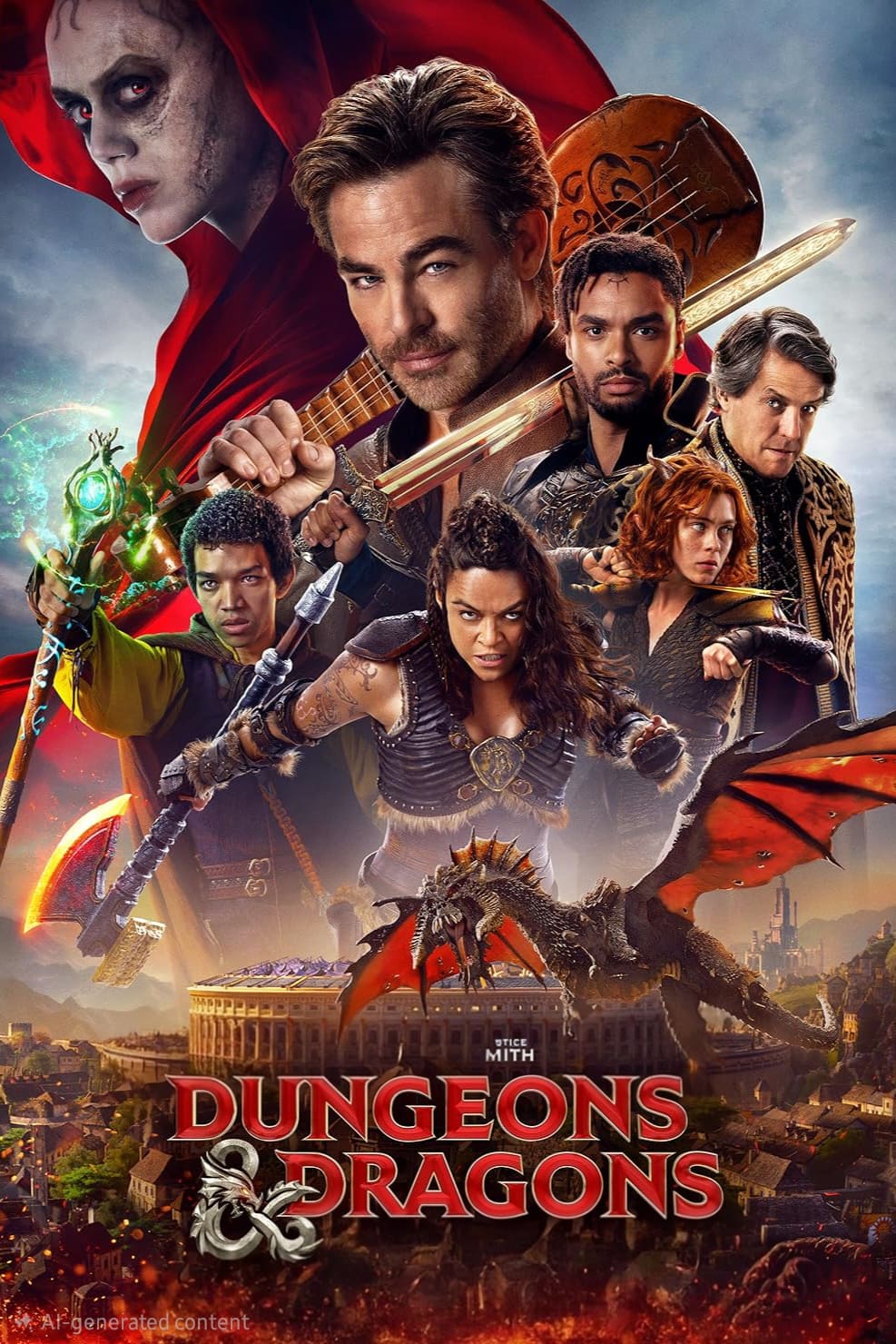 A group of fantasy characters pose with weapons in front of a city, a red-cloaked sorcerer looms above them, and a dragon breathes fire below the Dungeons & Dragons movie title, streaming now via Bulgaria IPTV.