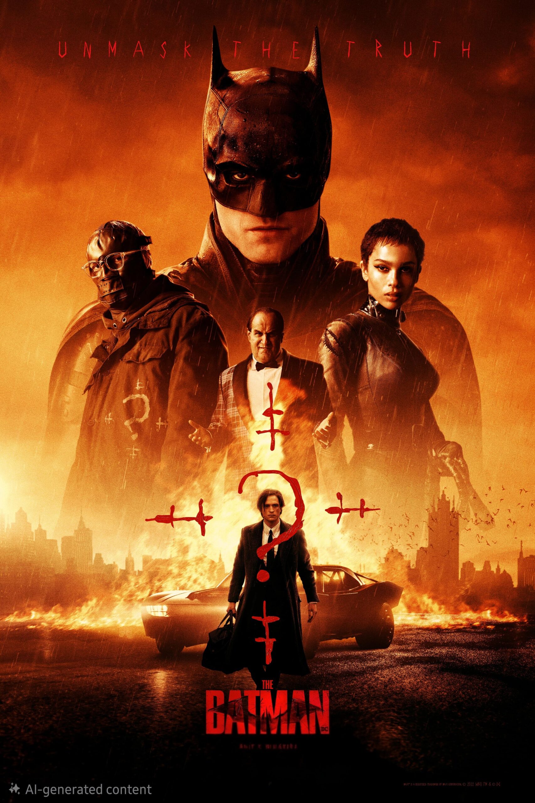 Movie poster for The Batman featuring Batman, Catwoman, Alfred, and others against a red city backdrop. A car and a man with a question mark motif appear below. Stream it now with Bulgaria IPTV. Text at top reads Unmask the Truth.