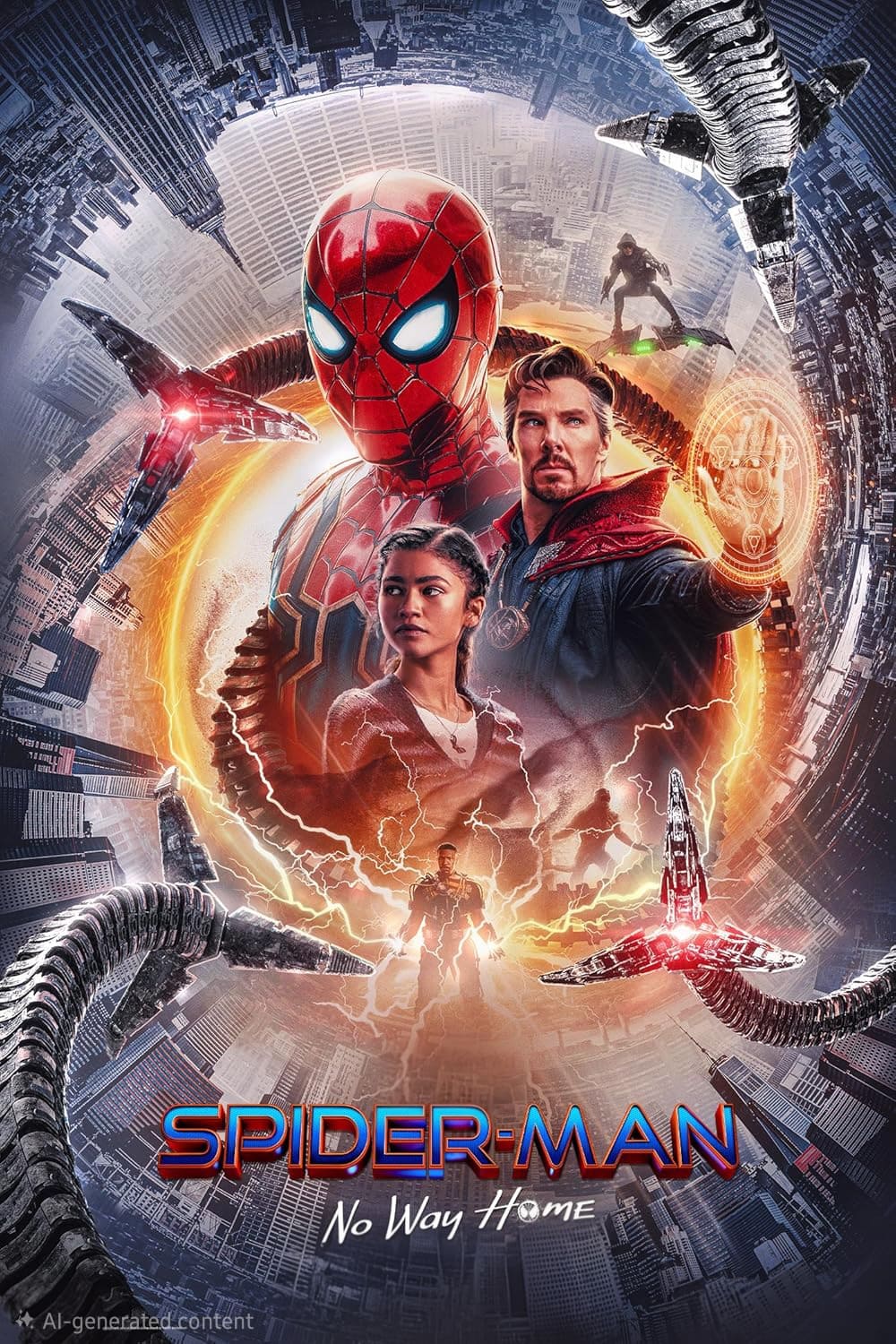 Movie poster for Spider-Man: No Way Home, featuring Spider-Man in costume, Doctor Strange casting a spell, and MJ, with city buildings and mechanical arms surrounding them in a dynamic circular composition—available to stream on Bulgaria IPTV.