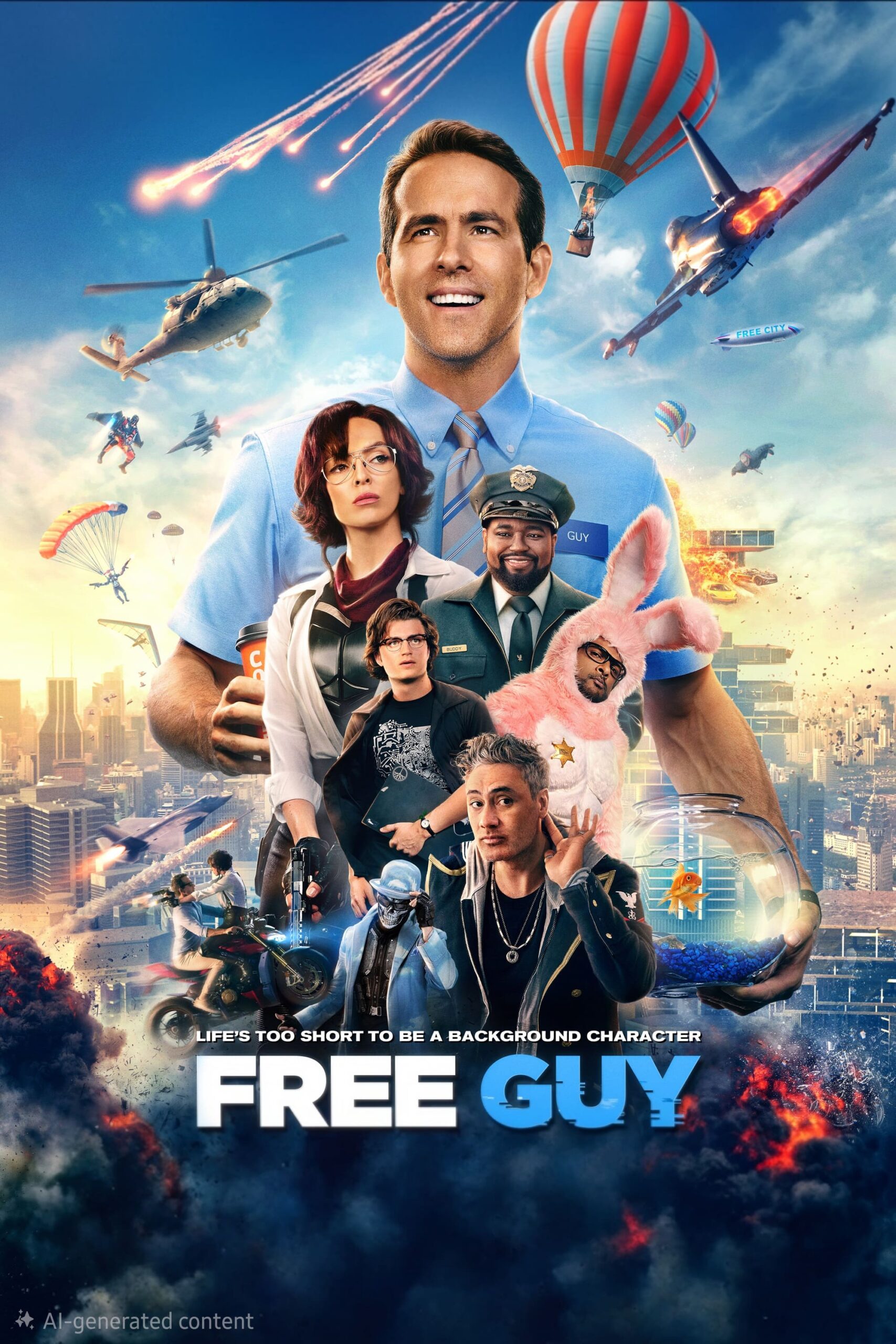 Movie poster for Free Guy featuring a smiling man in a blue shirt at the center, surrounded by various characters, explosions, helicopters, and parachutes in a vibrant cityscape. Experience the action streaming via Bulgaria IPTV. The text reads: Free Guy.