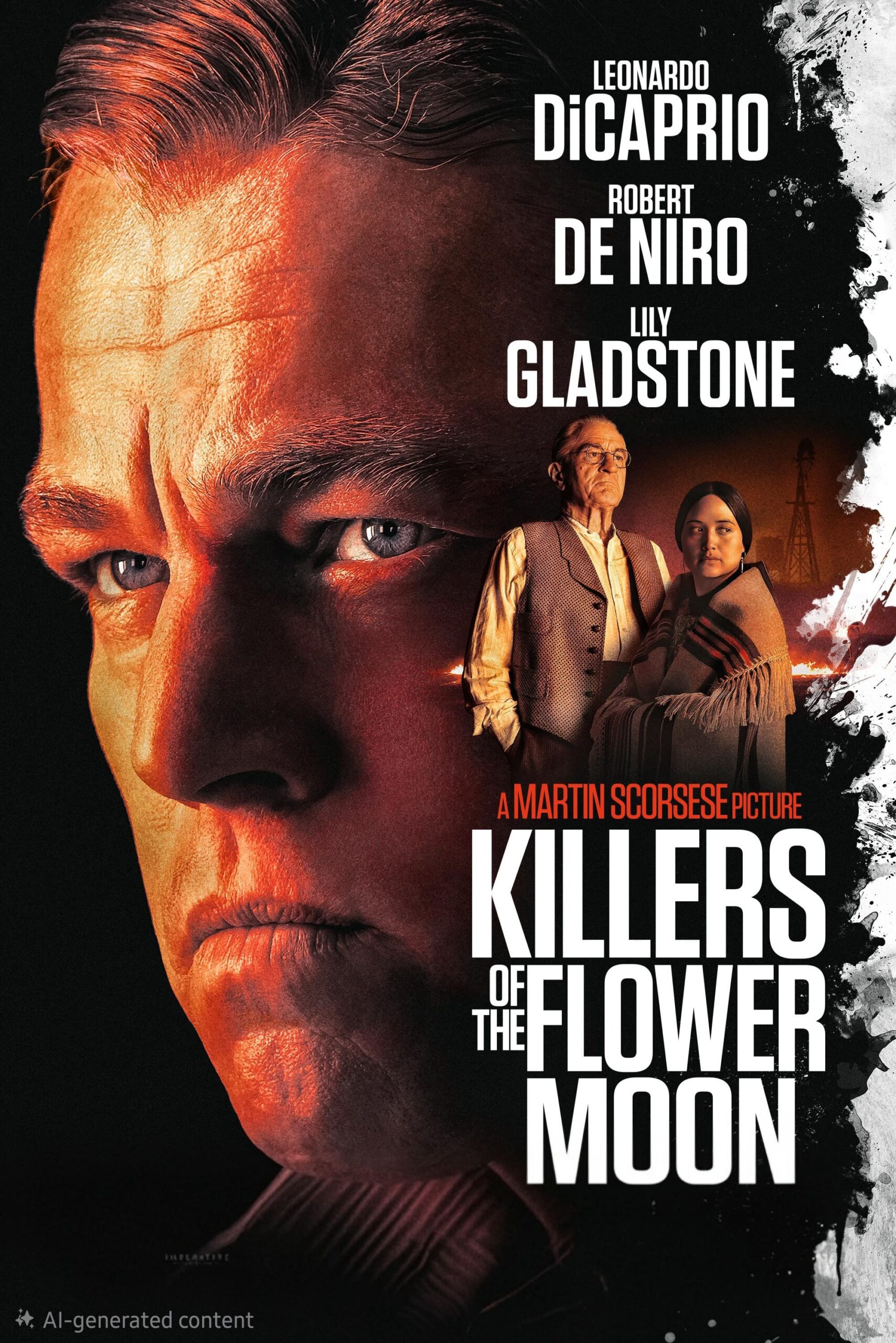 Movie poster for Killers of the Flower Moon shows a close-up of a man’s intense face on the left, with two people standing together on the right. Cast names and film title are prominently displayed—now streaming on Bulgaria IPTV.