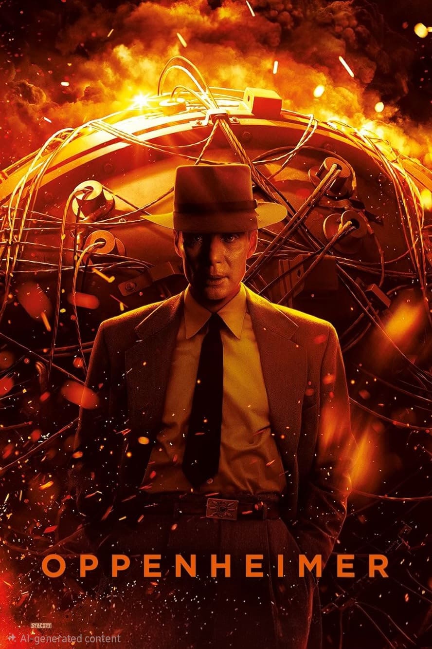A man in a suit and hat stands before a glowing, fiery background with circuitry and atomic motifs, evoking the intensity of Oppenheimer. The bold title appears below, much like the vivid visuals found on Bulgaria IPTV.