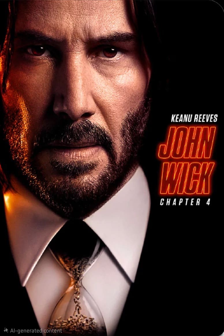 Close-up of a serious man with long hair and a beard, wearing a suit and tie. Text beside him reads: Keanu Reeves John Wick Chapter 4 in bold red and white letters on a dark background, streaming now on Bulgaria IPTV.