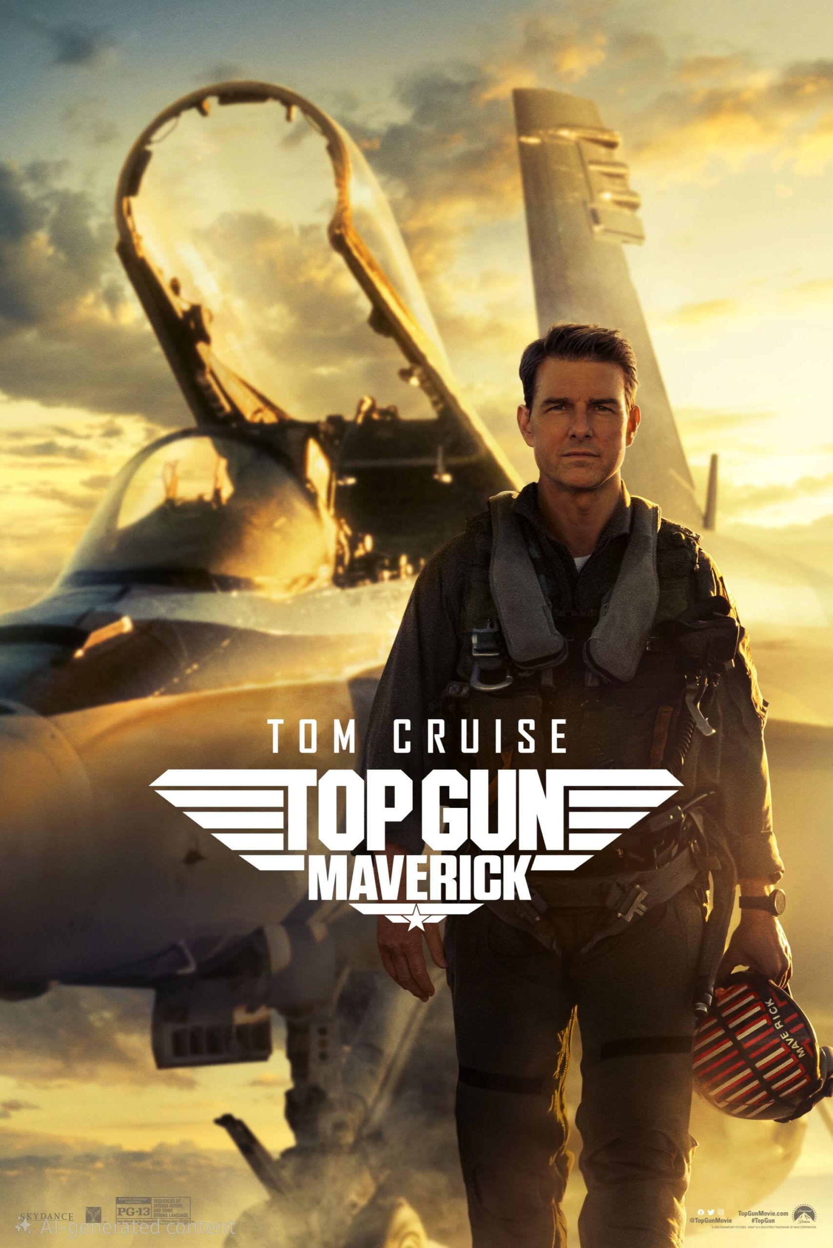 A man in a flight suit stands confidently in front of a fighter jet at sunset, holding a helmet. The text reads Tom Cruise Top Gun Maverick—stream it now on Bulgaria IPTV.