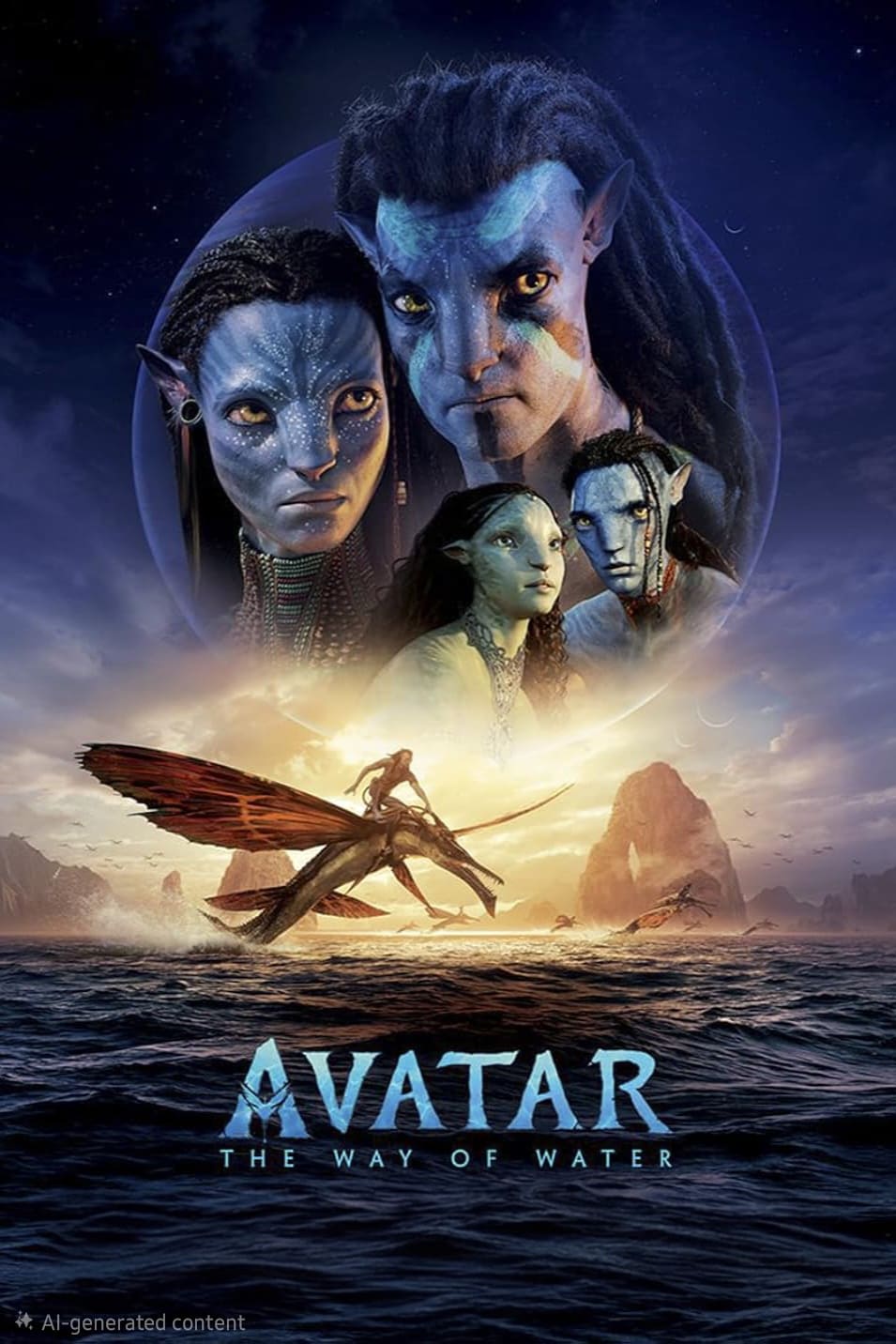 Poster for Avatar: The Way of Water featuring four blue-skinned Navi characters above, with a Navi figure riding a flying creature over the ocean at sunset. Movie title is at the bottom, perfect for Bulgaria IPTV viewers.