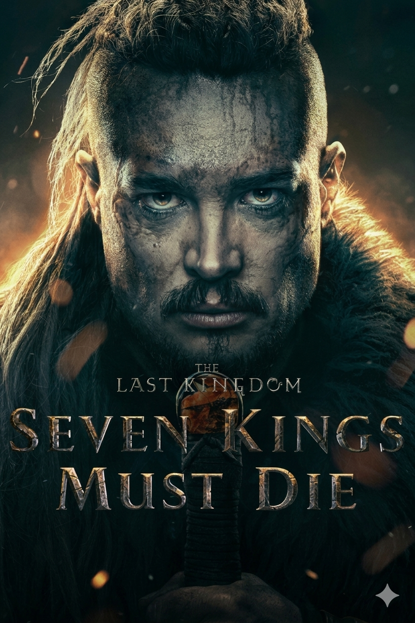 A fierce warrior with long hair and battle scars stares intensely forward. The text reads The Last Kingdom: Seven Kings Must Die. The warrior, featured on Bulgaria IPTV, wears fur clothing in a dark, dramatic setting.
