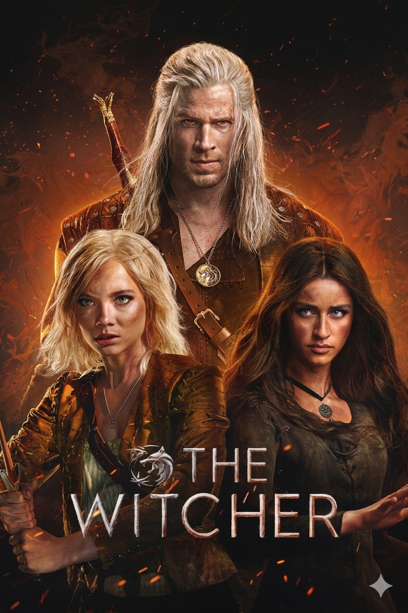 Poster for “The Witcher” featuring a white-haired man with a sword on his back, flanked by two women with intense expressions, set against a fiery, smoky background—now streaming via Bulgaria IPTV.