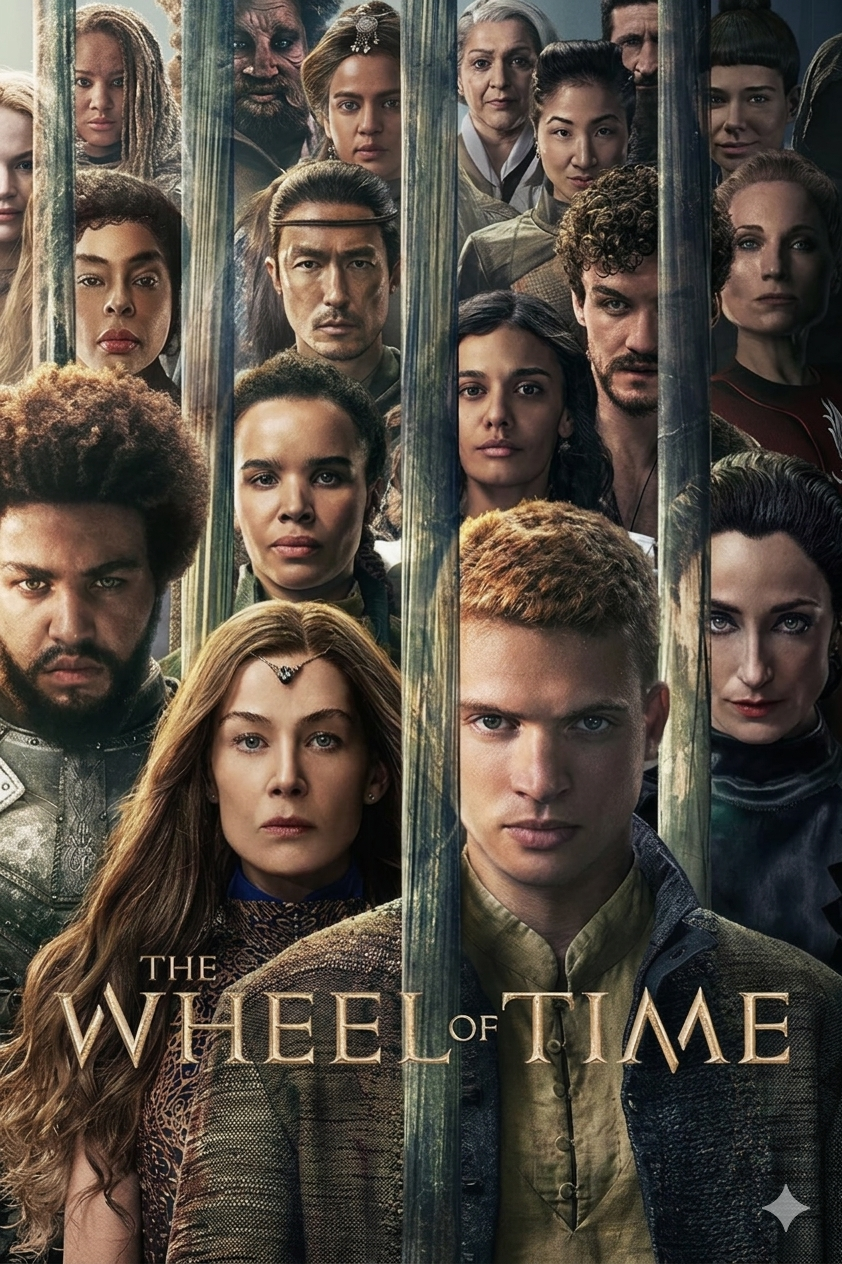 Poster for The Wheel of Time featuring a diverse group of characters standing behind vertical bars, with serious and determined expressions, and the show's title displayed at the bottom—now available on Bulgaria IPTV.
