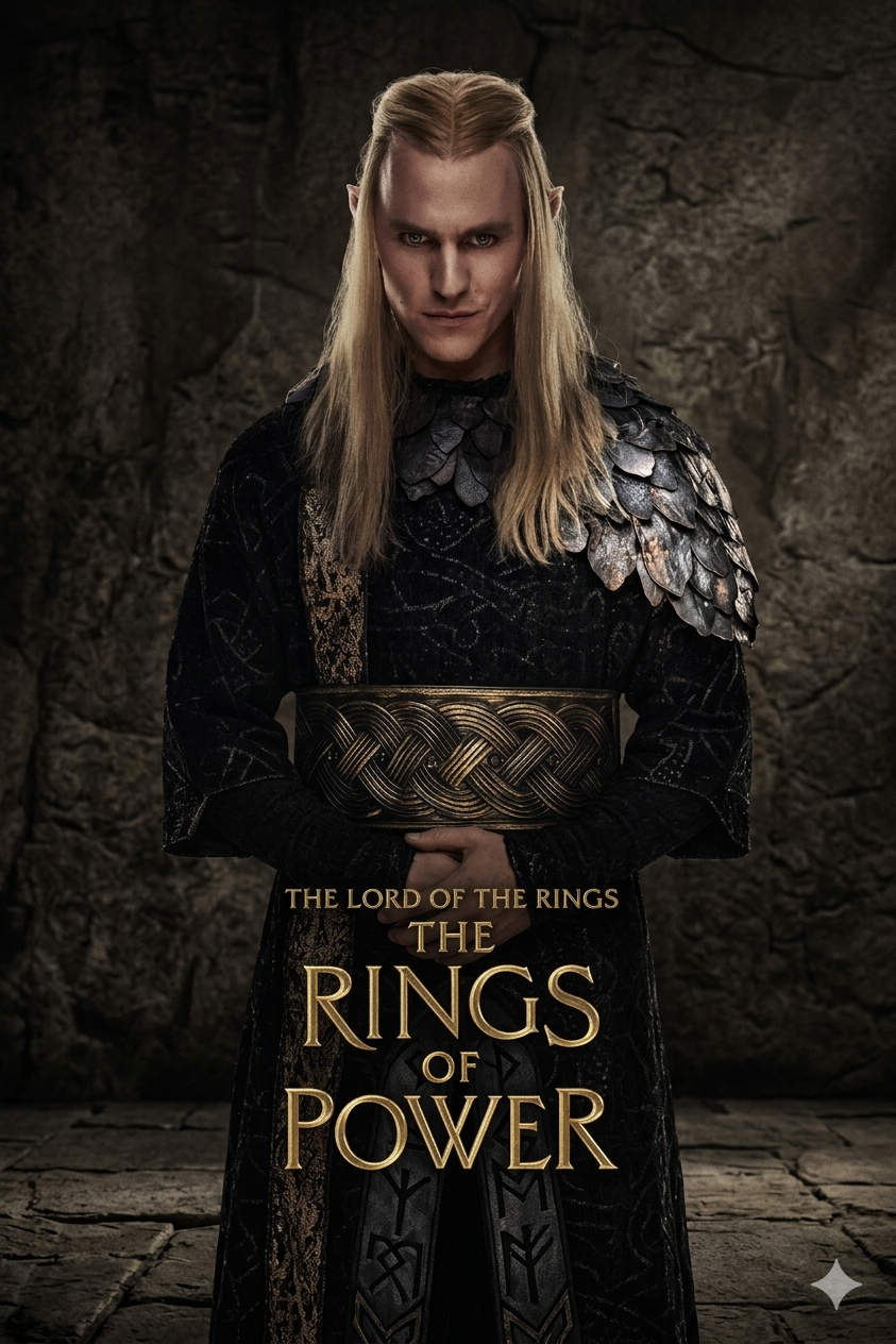 An elf with long blond hair and pointed ears, dressed in dark, ornate armor, stands with hands clasped in front of a stone wall. Text on the image reads: The Lord of the Rings: The Rings of Power, streaming now on Bulgaria IPTV.