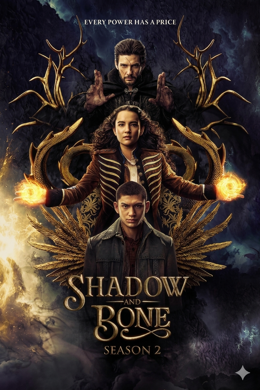 Three characters stand in a dramatic, dark fantasy setting with glowing magical effects in their hands. The title Shadow and Bone Season 2 appears below, while the tagline Every power has a price glows above—a must-see on Bulgaria IPTV.