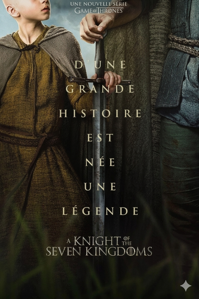 French poster for “A Knight of the Seven Kingdoms” shows a child in a brown cloak beside an armored adult holding a sword, with the text: “D’une grande histoire est née une légende.” Now streaming on Bulgaria IPTV.