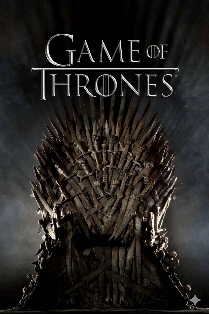 The Game of Thrones logo appears above a large iron throne made of swords, with dark, dramatic lighting casting shadows and rays behind the throne—evoking the epic feel you get streaming on Bulgaria IPTV.