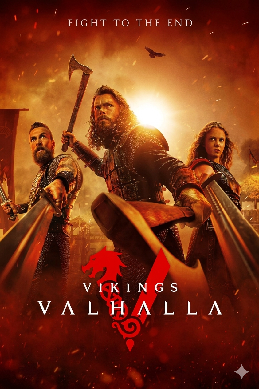 Three fierce warriors in Viking armor stand ready for battle with weapons drawn, set against a fiery, dramatic background. Watch Vikings: Valhalla and fight to the end—now streaming on Bulgaria IPTV.