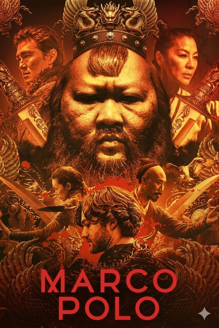 A dramatic poster for the series Marco Polo featuring a central figure with a crown, surrounded by intense portraits of warriors, set against a fiery red background with ornate designs. The title Marco Polo is at the bottom, perfect for fans streaming on Bulgaria IPTV.