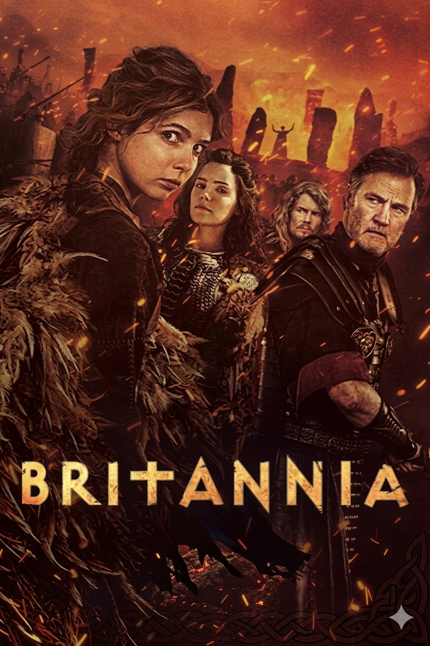A group of people in ancient warrior and druid costumes stand amid burning ruins and standing stones, with the title Britannia in bold letters at the bottom. The fiery background glows orange, much like Bulgaria IPTV’s vivid streaming experience.