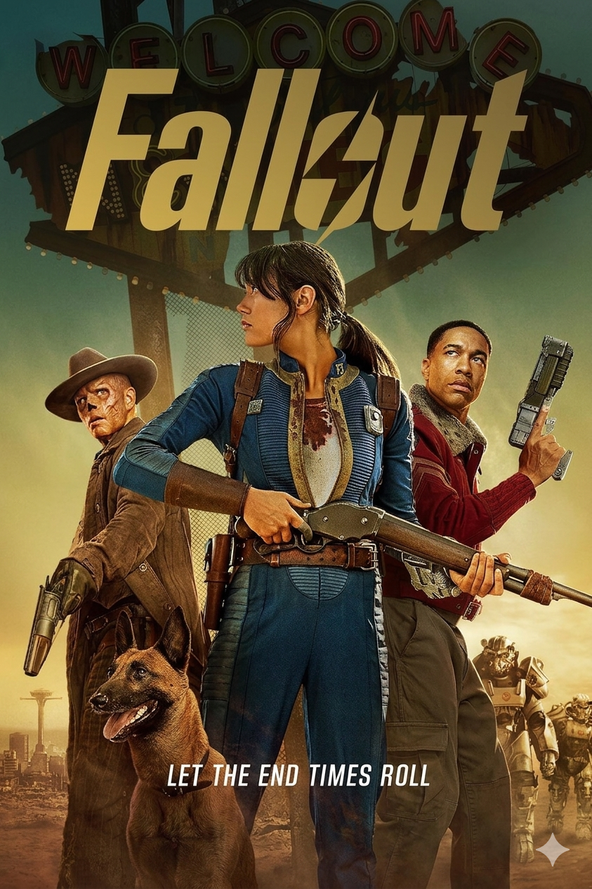 Three armed characters and a dog stand in front of a ruined Welcome sign under the bold title Fallout. The tagline LET THE END TIMES ROLL appears at the bottom, while a Bulgaria IPTV broadcast flickers across the post-apocalyptic landscape.