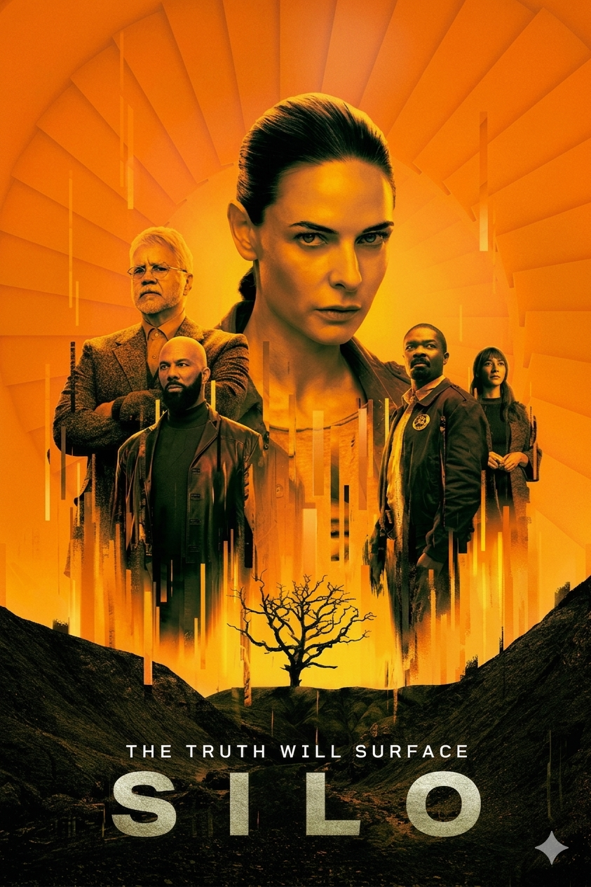 A dramatic poster for the series Silo shows five serious-looking characters against an orange, abstract background with a tree silhouette below and the tagline The Truth Will Surface above the title Silo—now streaming on Bulgaria IPTV.