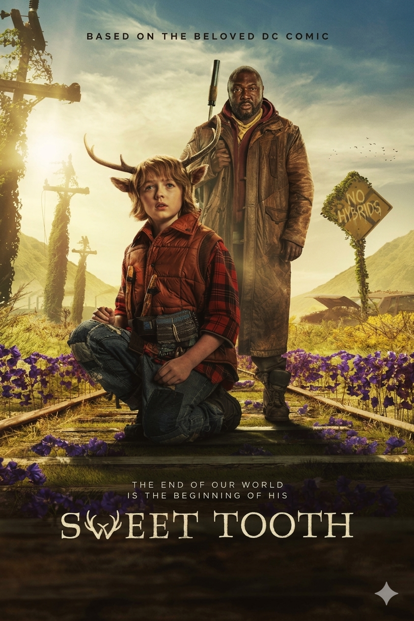 A young boy with deer antlers kneels on railroad tracks surrounded by purple flowers, while a man stands behind him holding a weapon. A sign reads No Hybrids. Watch Sweet Tooth now on Bulgaria IPTV.