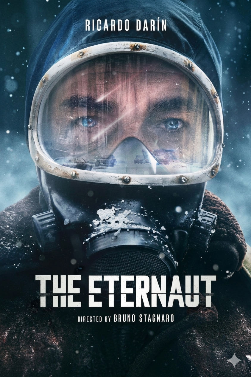 A man in a frosted helmet and heavy coat stares intensely ahead as snow falls around him. Text reads: RICARDO DARÍN and THE ETERNAUT, directed by Bruno Stagnaro—now streaming on Bulgaria IPTV.