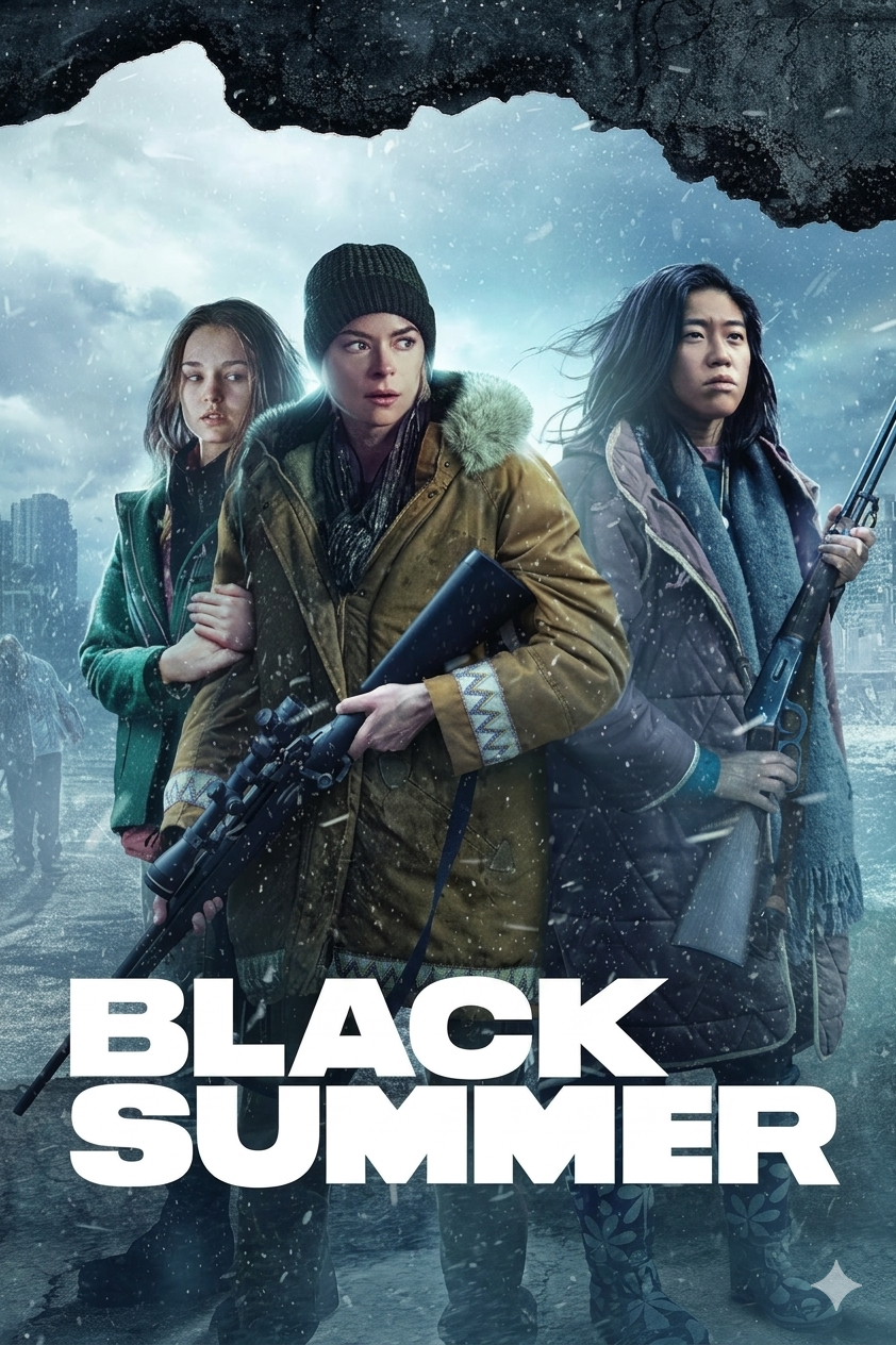 Three women in winter clothing, holding rifles, stand against a snowy, post-apocalyptic city backdrop. The title BLACK SUMMER appears in bold white letters at the bottom—available now on Bulgaria IPTV.