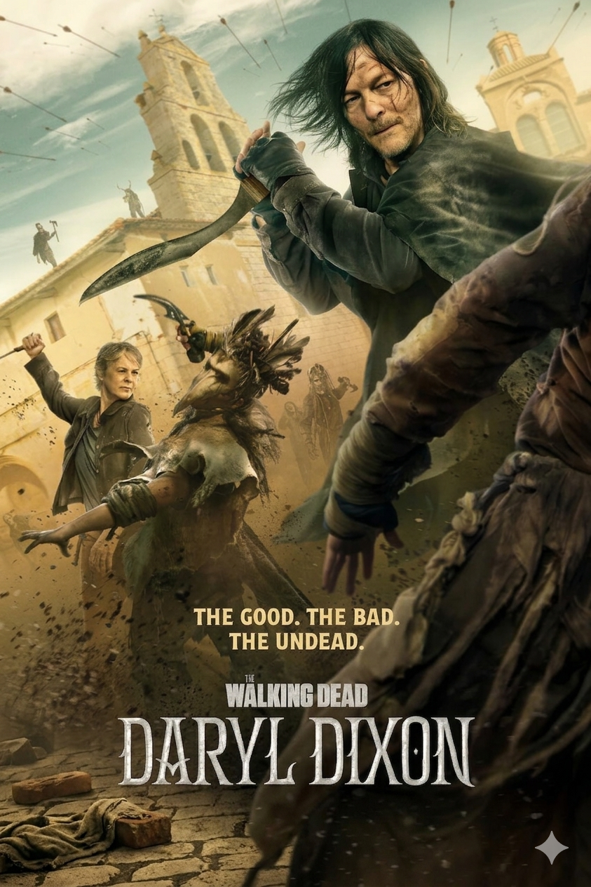 A man with long dark hair wields a weapon amid a chaotic fight with zombies in a European-style town. Streaming now on Bulgaria IPTV. The text reads: THE GOOD. THE BAD. THE UNDEAD. The Walking Dead Daryl Dixon.